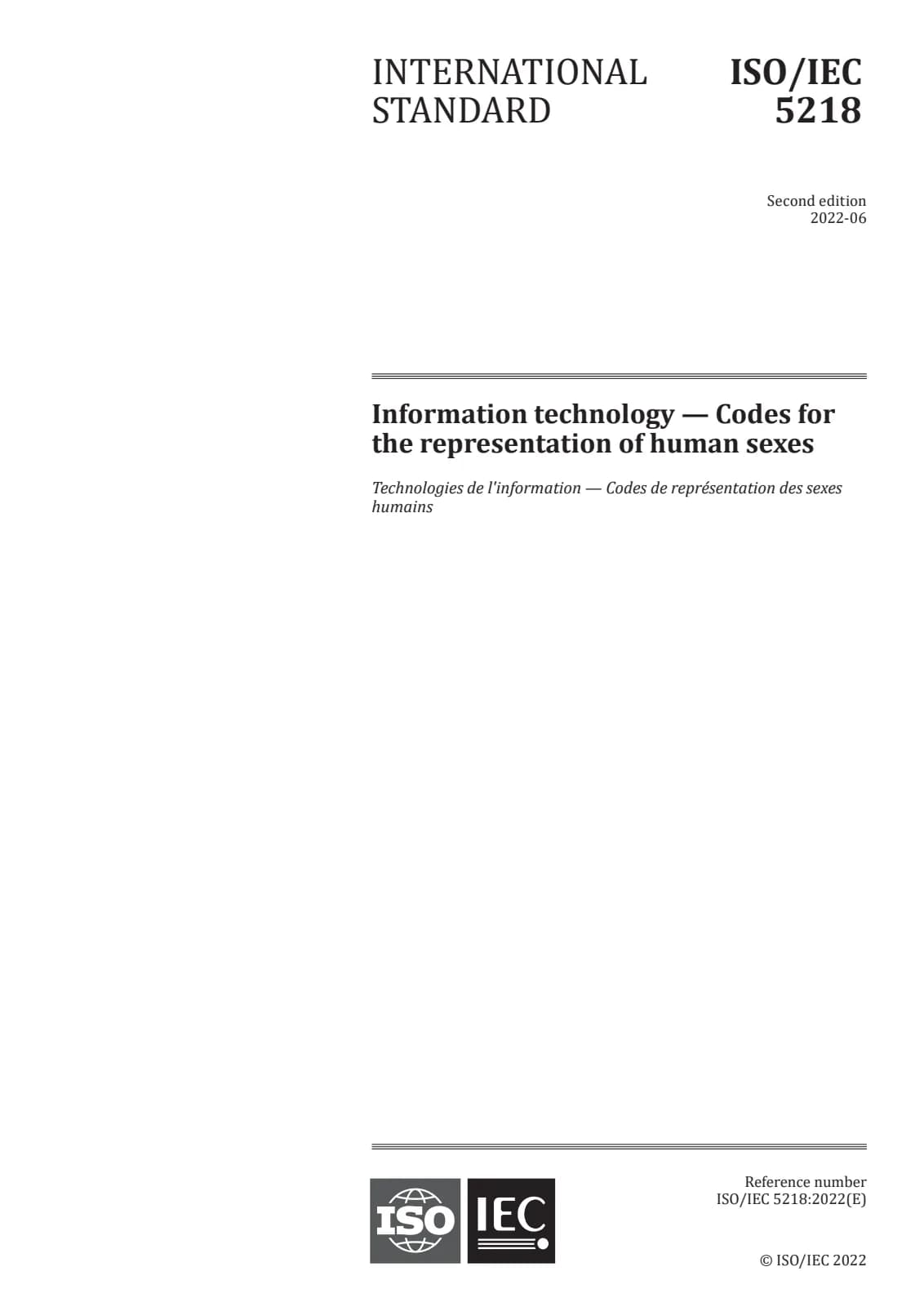 Первая страница стандарта ISO/IEC 5218:2022